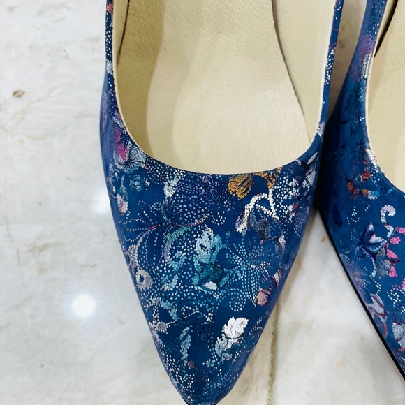 ZAPATO {38} Pumps Floral Fabric Blue Metallic Handmade - Picture 10 of 16